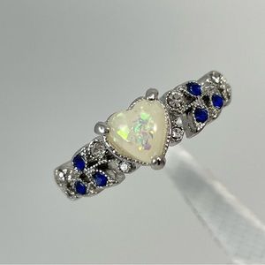 Boho Cute White Faux Fire Opal Heart Cut Blue White Silver Tone Fashion Ring